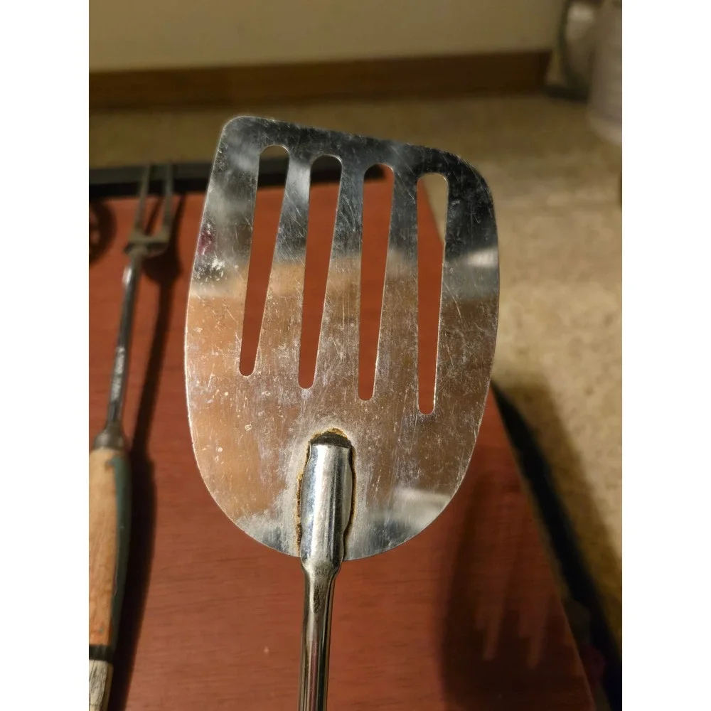 Vintage Chrome Kitchen Utensil Set 3pc Slotted Spoon Spatula Fork Wood Handle